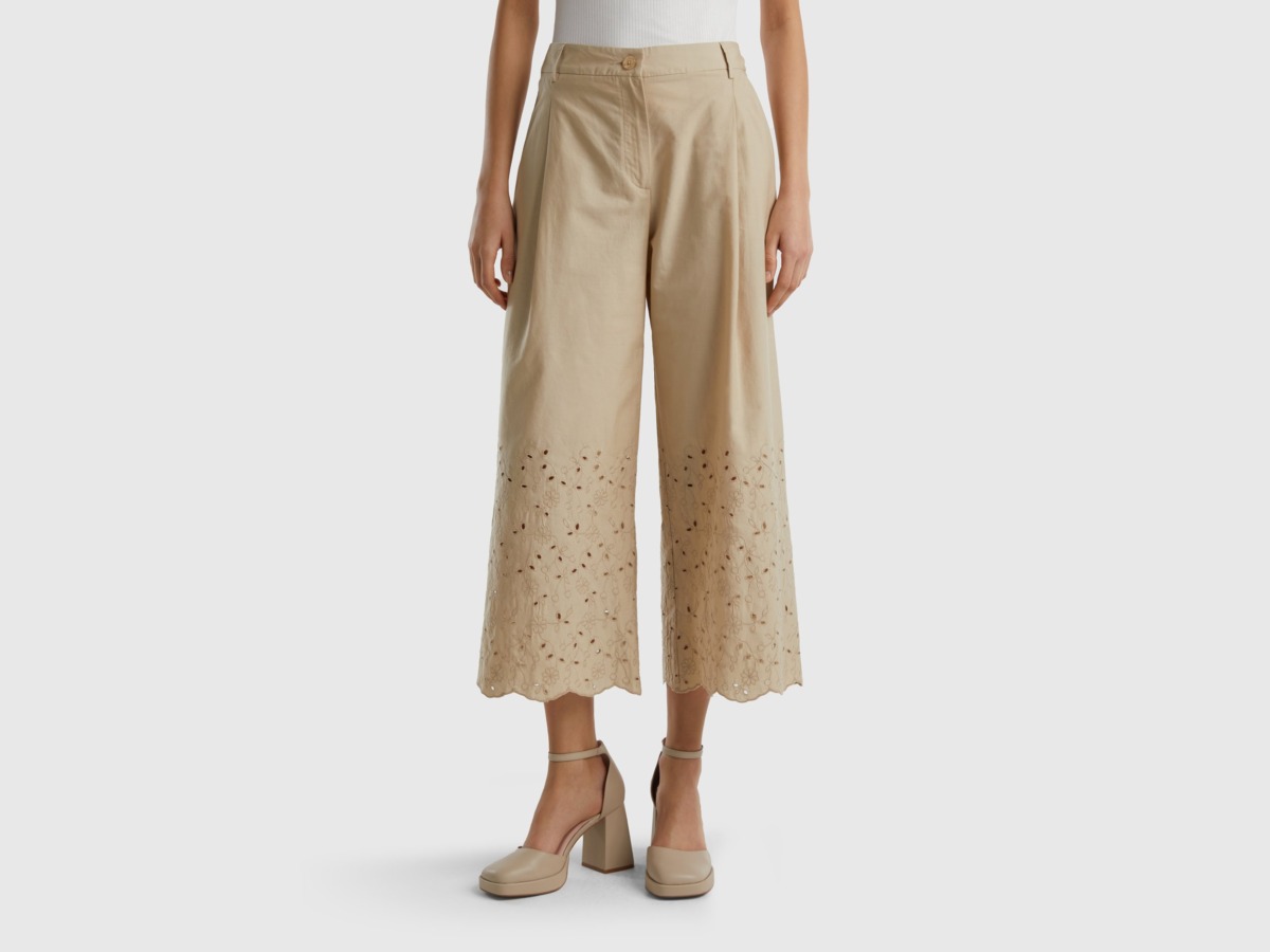 Benetton United Colors Of Wide Trousers With Perforated Embroidery Beige Female Womens TROUSERS GOOFASH