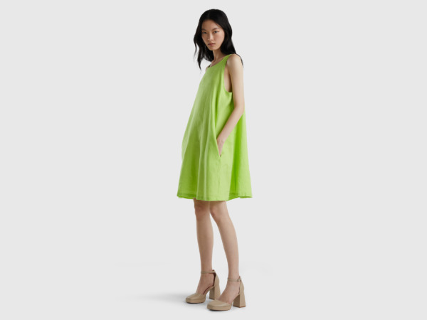 Green Sleeveless Dress In Pure Linen Female Benetton Womens DRESSES GOOFASH