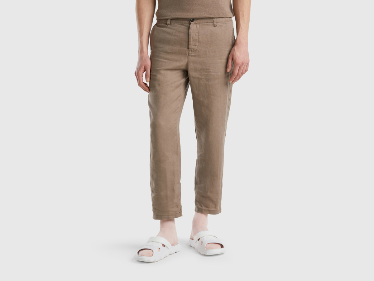 Grey Chino Pose Made Of Pure Linen Pigeon Gray Male Benetton Mens TROUSERS GOOFASH