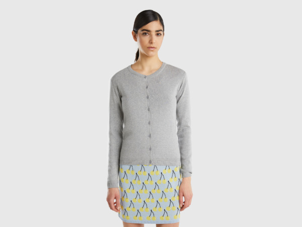 Grey Online Exclusive Cardigan With Round Excerpt Made Of Pure Light Gray Female Benetton Womens KNITWEAR GOOFASH