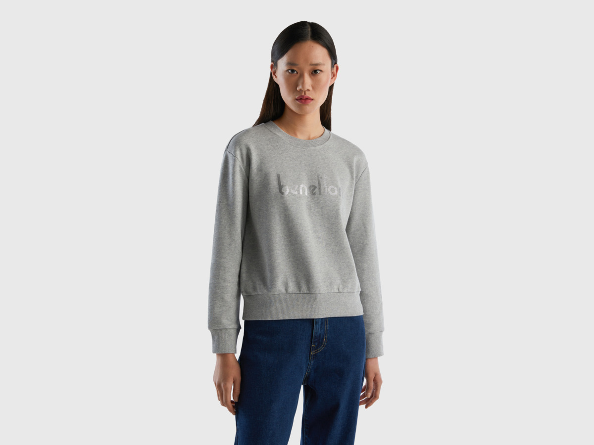 Grey Sweatshirt In With Logoprint Light Gray Female Benetton Womens SWEATERS GOOFASH