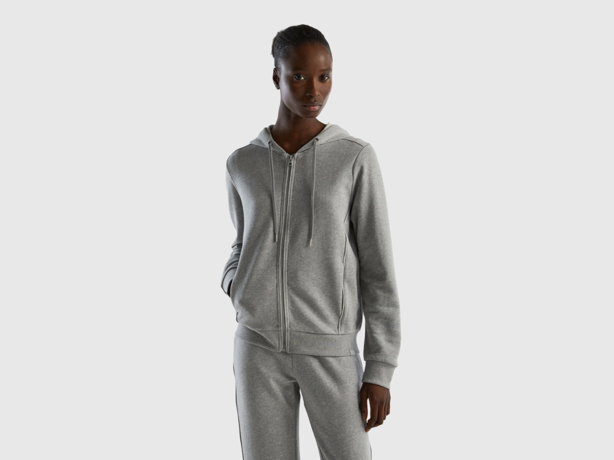 Grey Sweatshirt Made Of With Zip And Hood Light Gray Female Benetton Womens SWEATERS GOOFASH