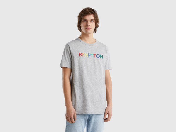 Grey T-Shirt Made Of Organic With Logoprint Light Gray Male Benetton Mens T-SHIRTS GOOFASH
