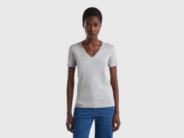 Grey T-Shirt Made Of Pure With V-Neck Light Gray Female Benetton Womens T-SHIRTS GOOFASH
