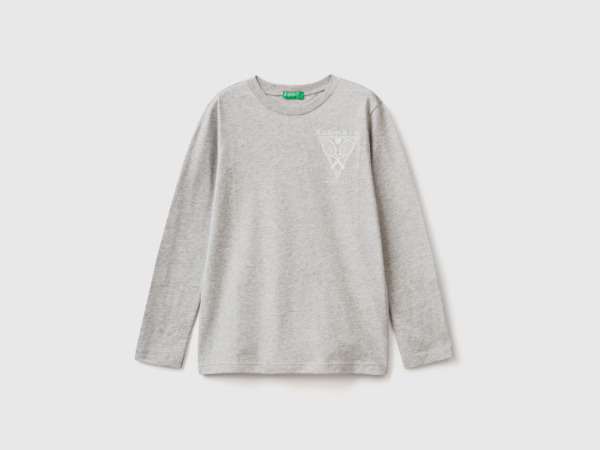 Grey T-Shirt With Long Sleeves And Print Light Gray Male Benetton Mens T-SHIRTS GOOFASH