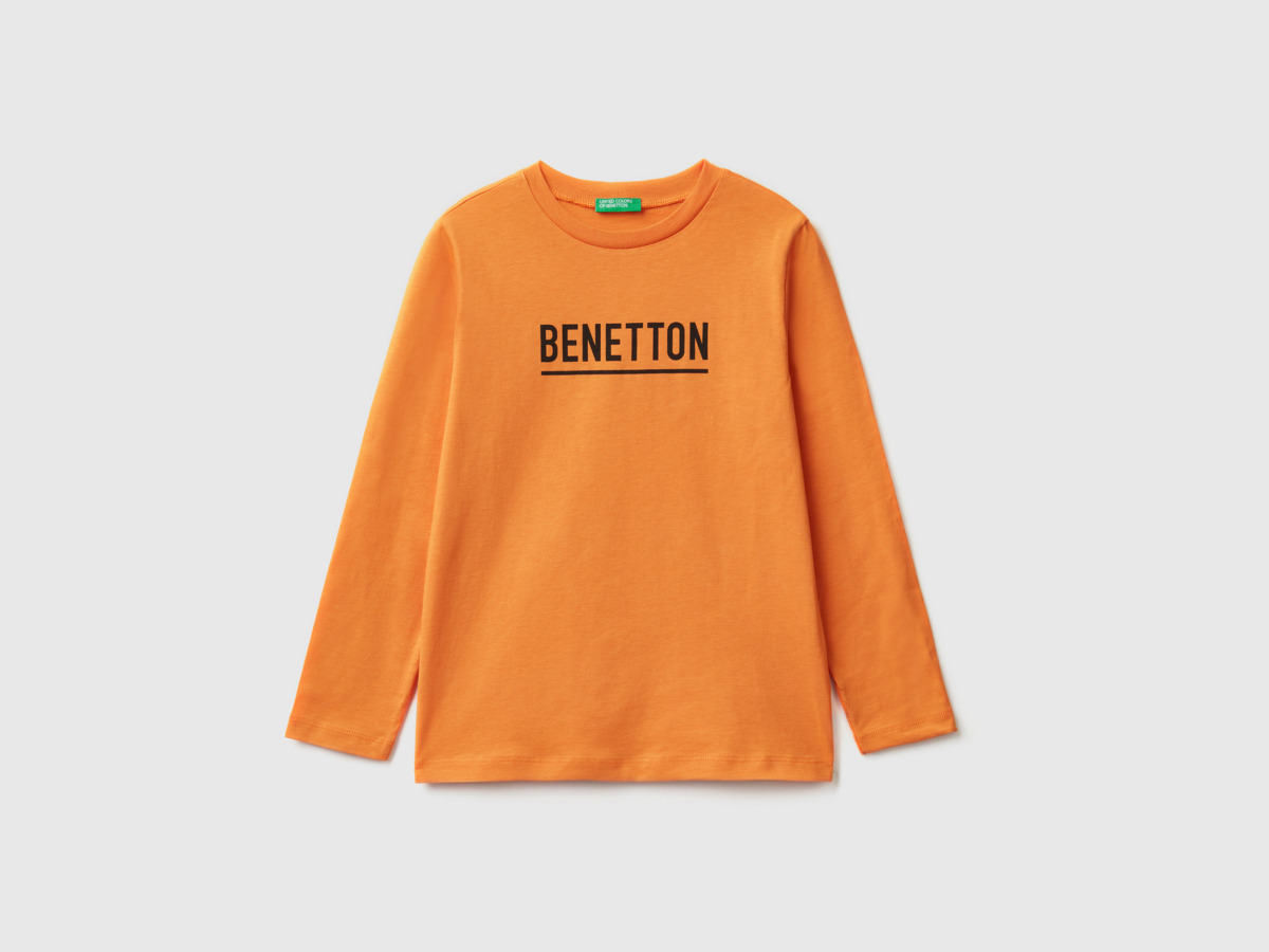 Man United Colors Of T-Shirt With Long Sleeves And Logo Orange Paint Benetton Mens T-SHIRTS GOOFASH