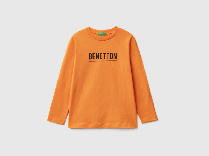 Man United Colors Of T-Shirt With Long Sleeves And Logo Orange Paint Benetton Mens T-SHIRTS GOOFASH