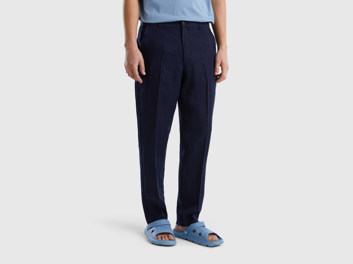 Men Benetton United Colors Of Chinos Made Of Pure Linen Dark Blue Paint Mens TROUSERS GOOFASH