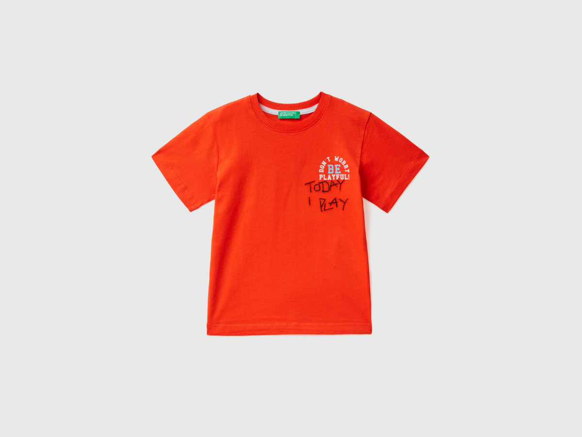 Men Benetton United Colors Of T-Shirt With Print In Front And Back Orange Paint Mens T-SHIRTS GOOFASH