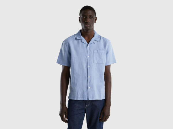Men United Colors Of Shirt Made Of Linen Mixture With Short Sleeves Pale Blue Paint Benetton Mens SHIRTS GOOFASH