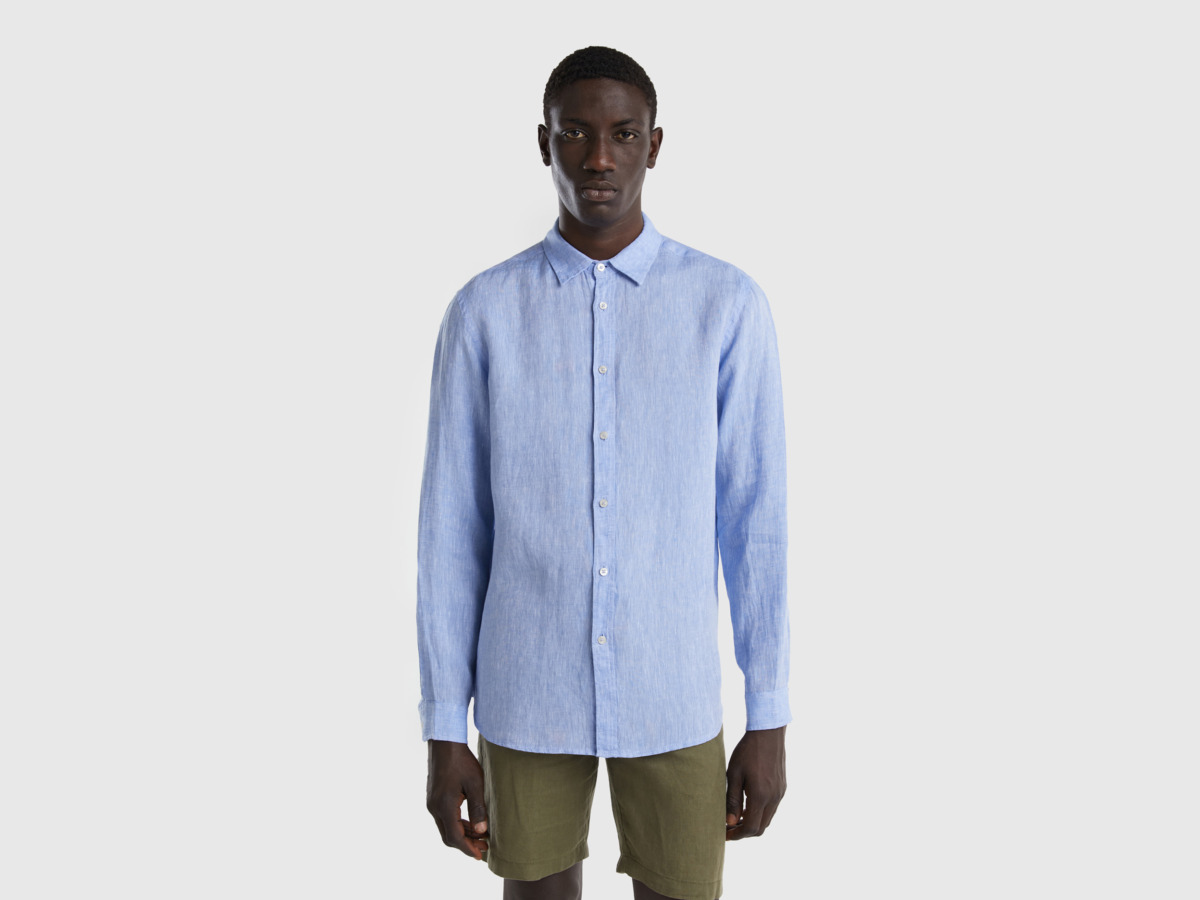 Men United Colors Of Shirt Made Of Pure Linen Light Blue Paint Benetton Mens SHIRTS GOOFASH