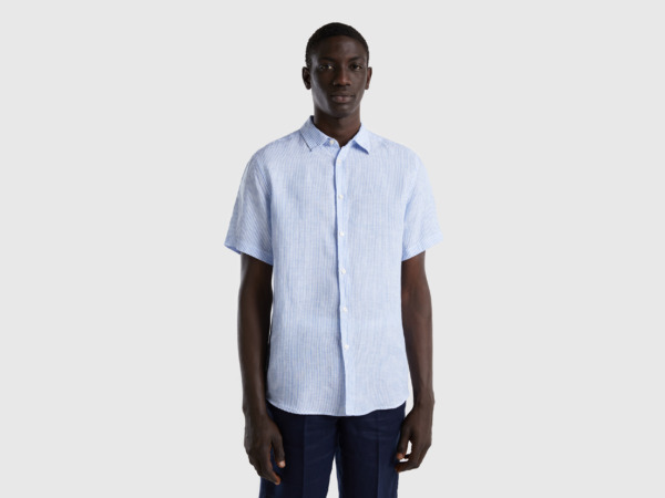 Men's Benetton United Colors Of Shirt Made Of Linen With Short Sleeves Pale Blue Paint Mens SHIRTS GOOFASH