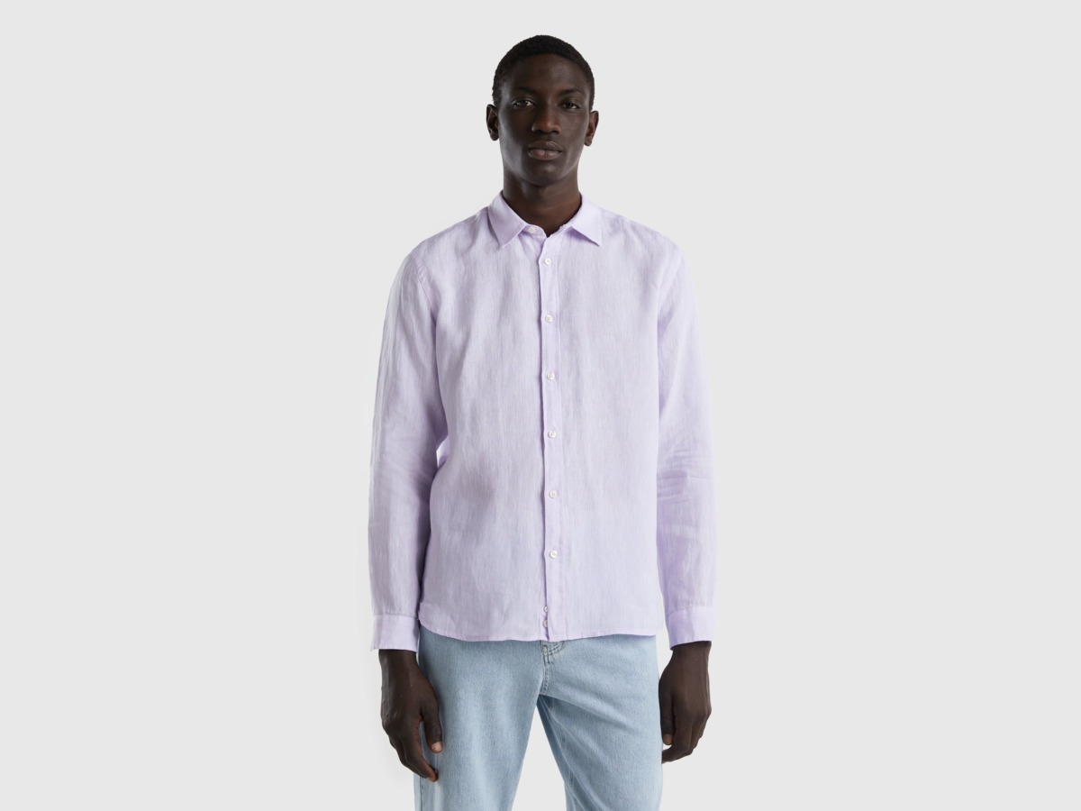 Men's Purple Shirt Made Of Pure Linen Mauve Paint Benetton Mens SHIRTS GOOFASH