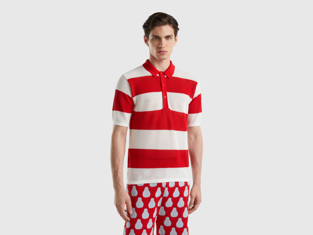 Men's United Colors Of Knitting Polo With Strip Pattern In Red And White Red Paint Benetton Mens POLOSHIRTS GOOFASH