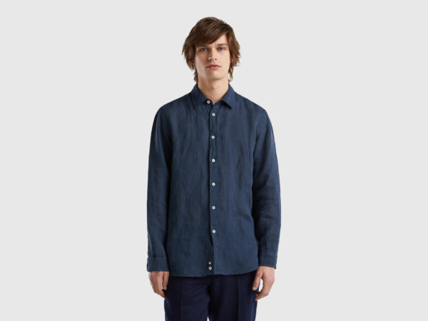 Men's United Colors Of Shirt Made Of Pure Linen Dark Blue Paint Benetton Mens SHIRTS GOOFASH