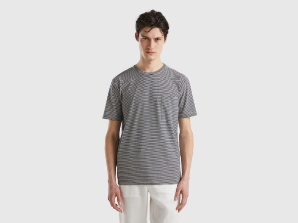 Men's United Colors Of Striped T-Shirt From Linen Mix Dark Blue Paint Benetton Mens T-SHIRTS GOOFASH
