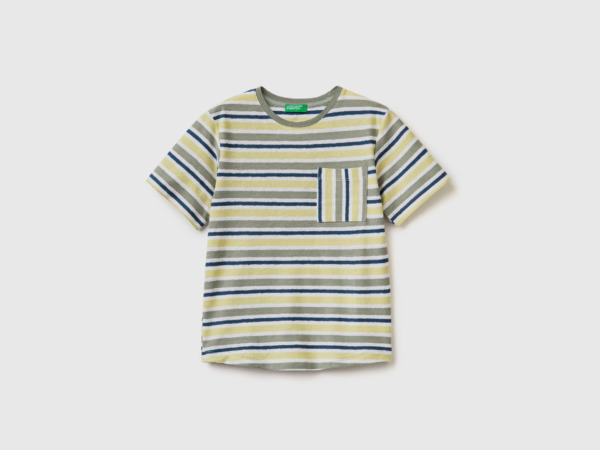 Men's United Colors Of T-Shirt From Linen Mixture With Stripes Yellow Paint Benetton Mens T-SHIRTS GOOFASH