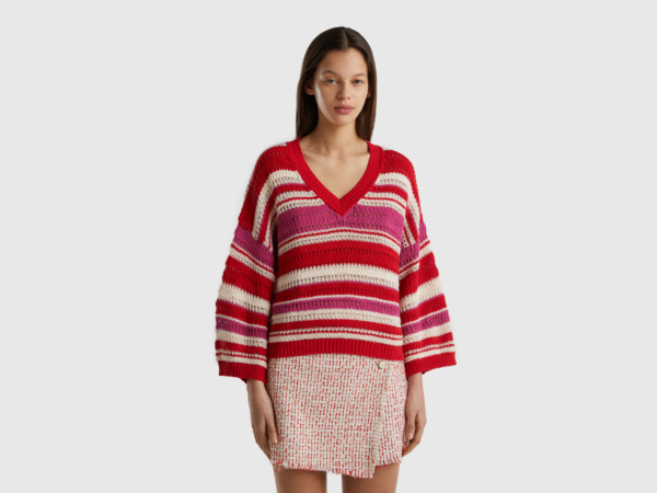 Multicolor Sweater In Recycled Mixture With V-Neck Colorful Female Benetton Womens SWEATERS GOOFASH