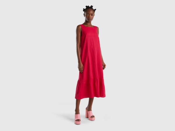 Pink Long Dress Made Of Pure Linen With Ruffles Fuchsia Female Benetton Womens DRESSES GOOFASH