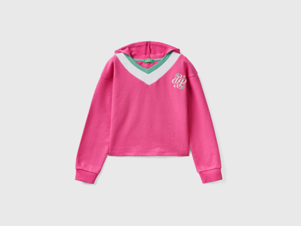 Pink Short Sweatshirt With Hood And V-Neck Fuchsia Female Benetton Womens SWEATERS GOOFASH