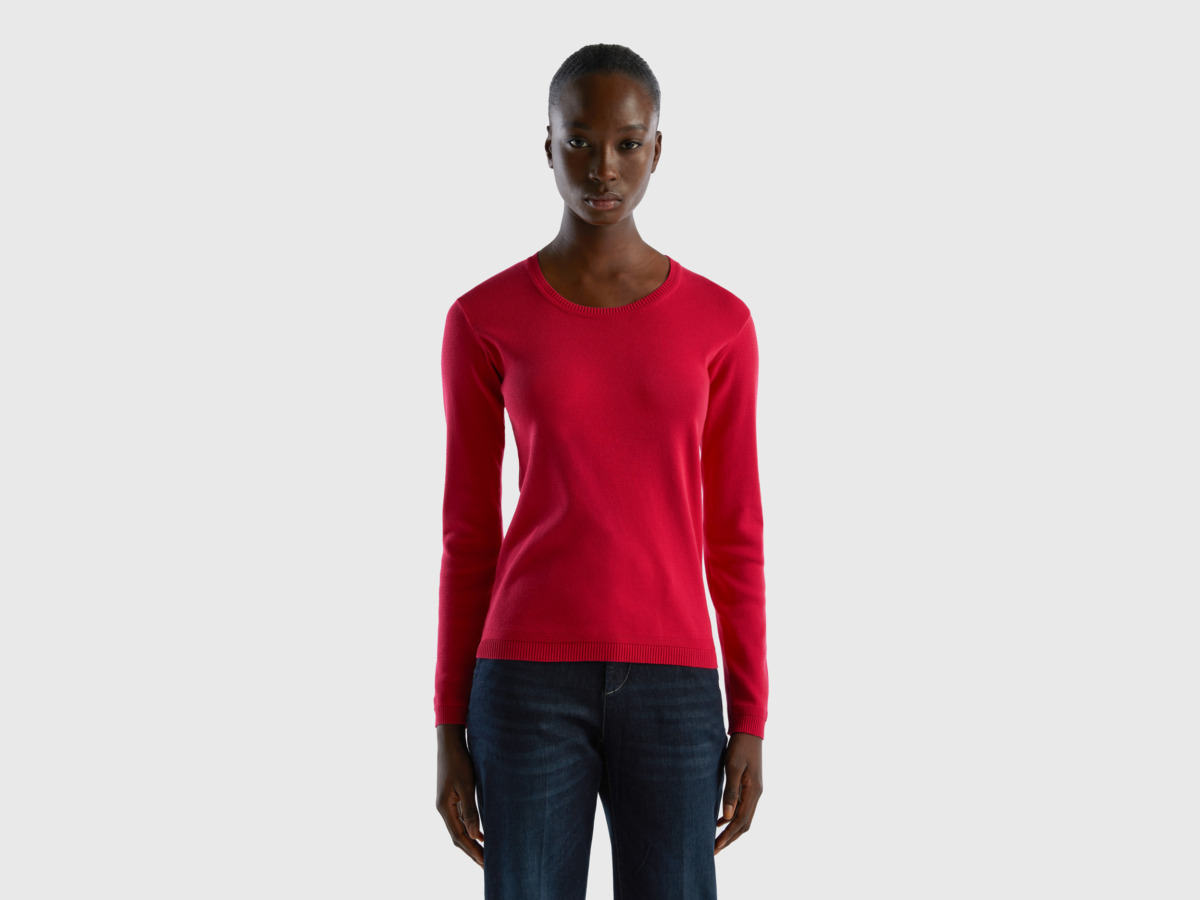 Pink Sweater With Round Excerpt Made Of Pure Fuchsia Female Benetton Womens SWEATERS GOOFASH