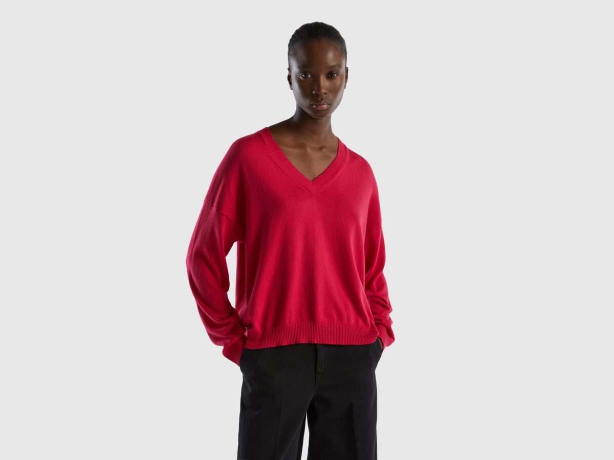 Pink Sweater With V-Neck Fuchsia Female Benetton Womens SWEATERS GOOFASH