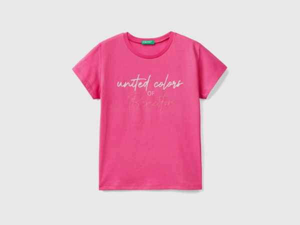Pink T-Shirt Made Of Organic With Glittering Logo Fuchsia Female Benetton Womens T-SHIRTS GOOFASH