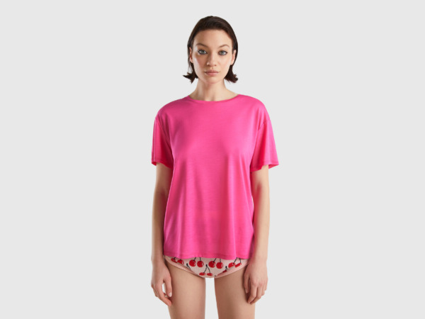 Pink T-Shirt Made Of Sustainable With Circular Neckline Fuchsia Female Benetton Womens T-SHIRTS GOOFASH
