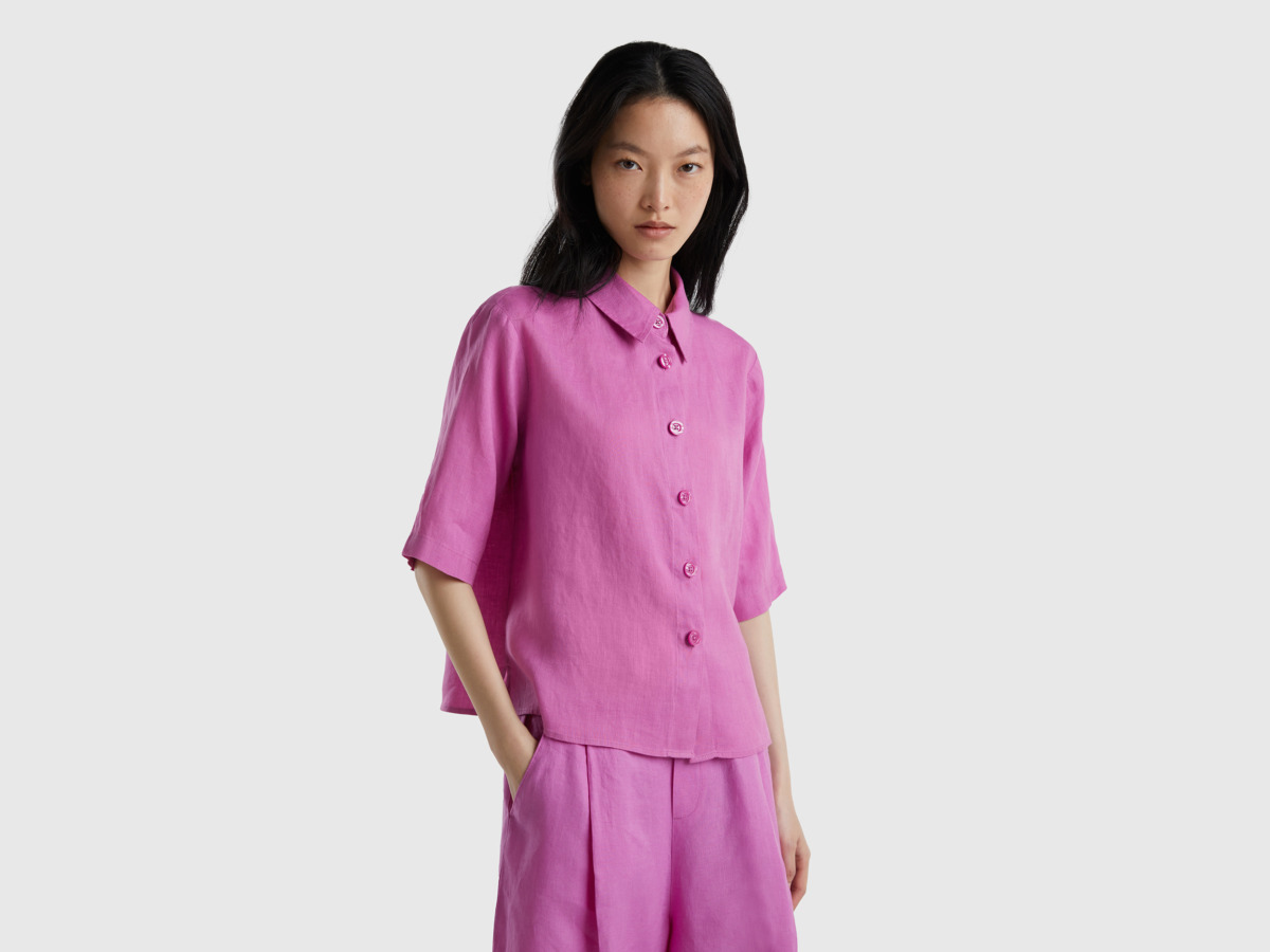 Purple Short Blouse Made Of Pure Linen Mauve Female Benetton Womens BLOUSES GOOFASH