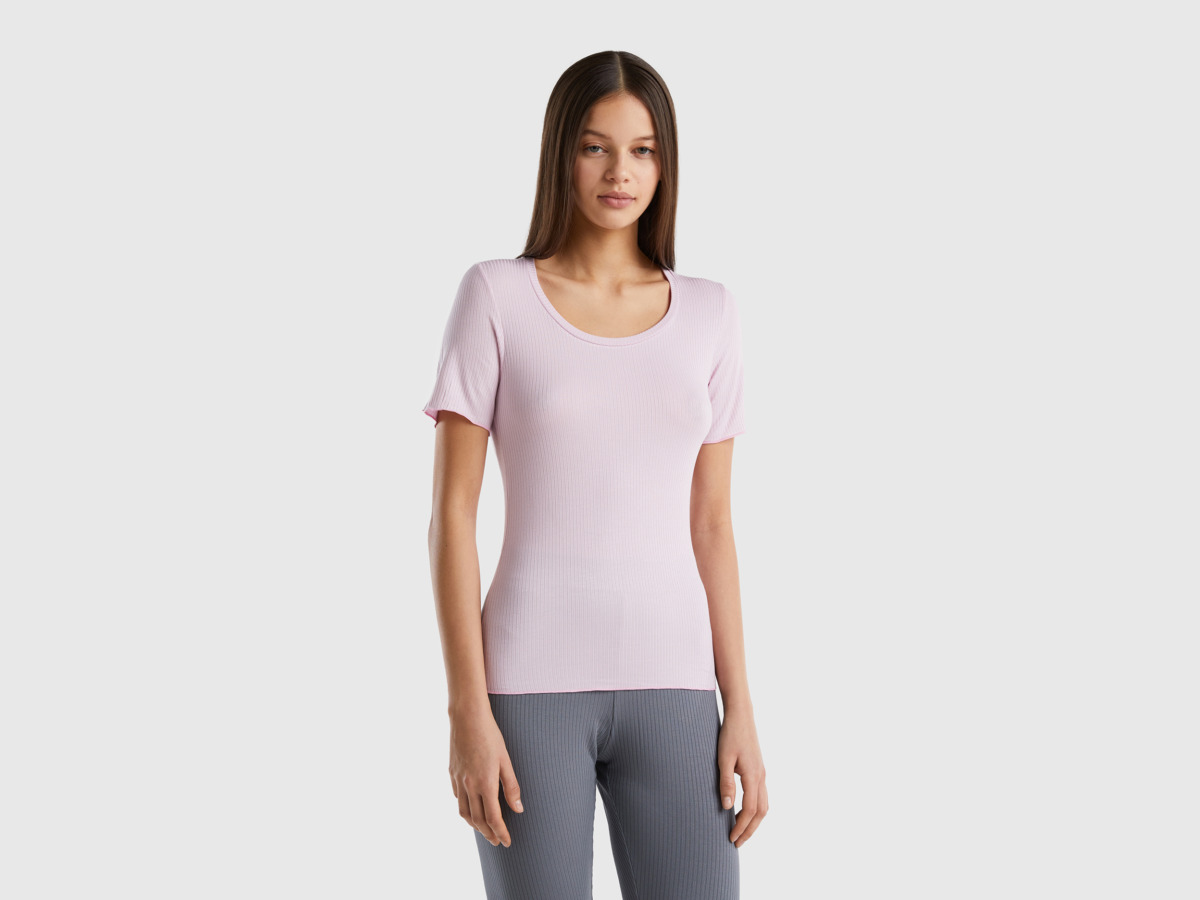Purple Slim Fit T-Shirt In The Rib Pattern Lilac Female Benetton Womens T-SHIRTS GOOFASH