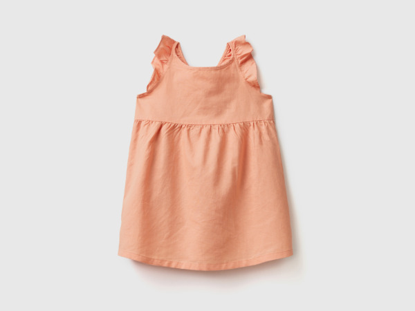 Rose Dress Made Of Linen Mixture With Volant Salmon Female Benetton Womens DRESSES GOOFASH