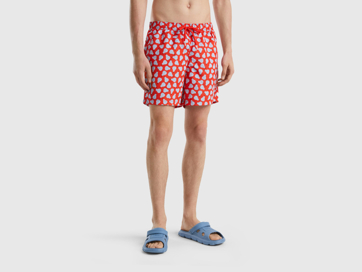 United Colors Of Bathing Boxy Shorts In Red With Pear Pattern Red Male Benetton Mens SHORTS GOOFASH