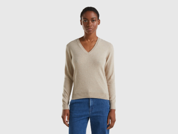 United Colors Of Beige Colored Sweater Made Of Merino With V-Neck Beige Female Benetton Womens SWEATERS GOOFASH