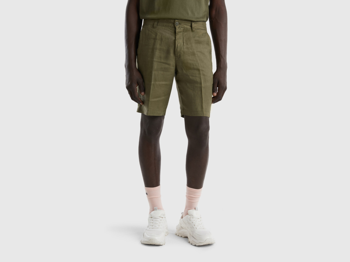 United Colors Of Bermuda From Pure Linen Military Green Male Benetton Mens SHORTS GOOFASH
