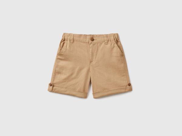 United Colors Of Bermudas From Linen Mixture With Hem Lash Camel Male Benetton Mens SHORTS GOOFASH