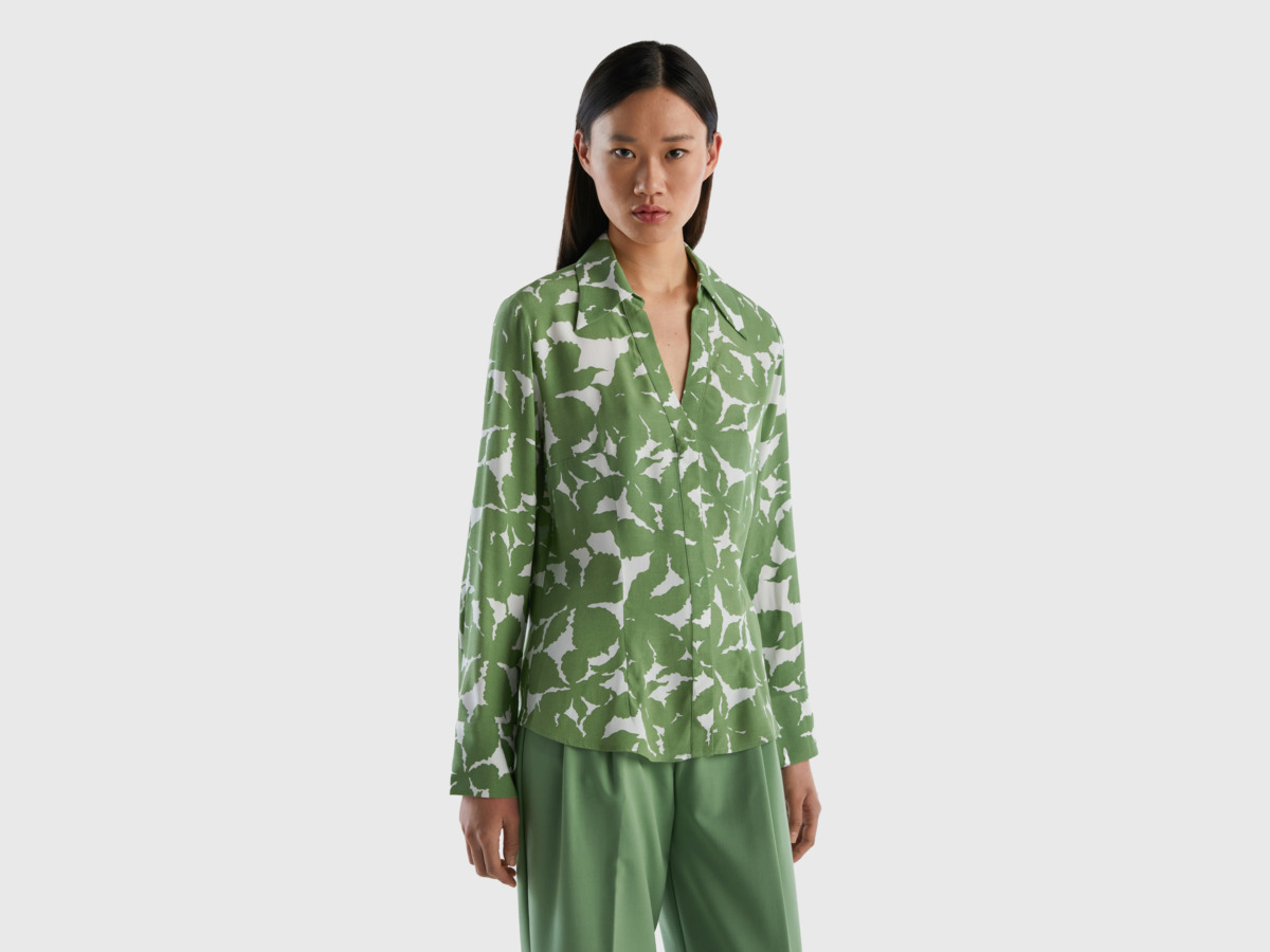 United Colors Of Blouse Made Of Pure With Flower Pattern Green Female Benetton Womens BLOUSES GOOFASH
