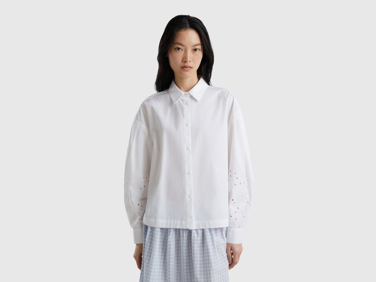 United Colors Of Blouse With Sleeves With Hole Pattern White Female Benetton Womens BLOUSES GOOFASH