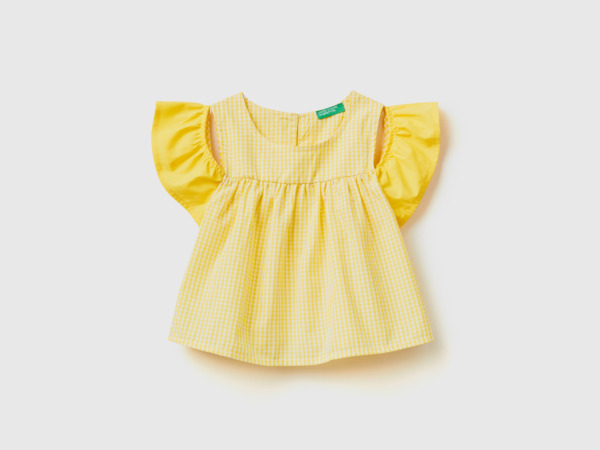 United Colors Of Blouse With Vichy Karos And Ruffles Yellow Female Benetton Womens BLOUSES GOOFASH