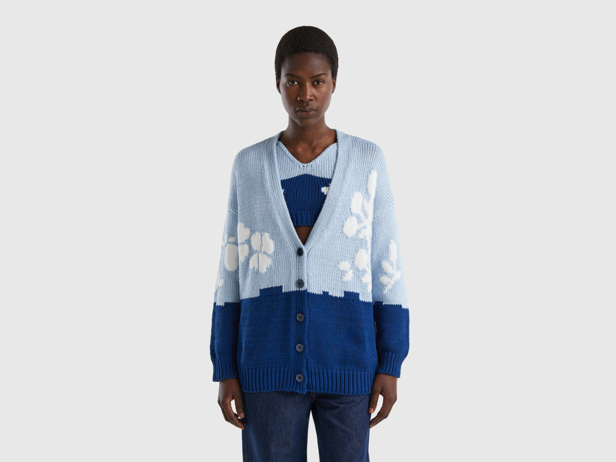 United Colors Of Blue Cardigan With Flower Interior Work Blue Female Benetton Womens KNITWEAR GOOFASH