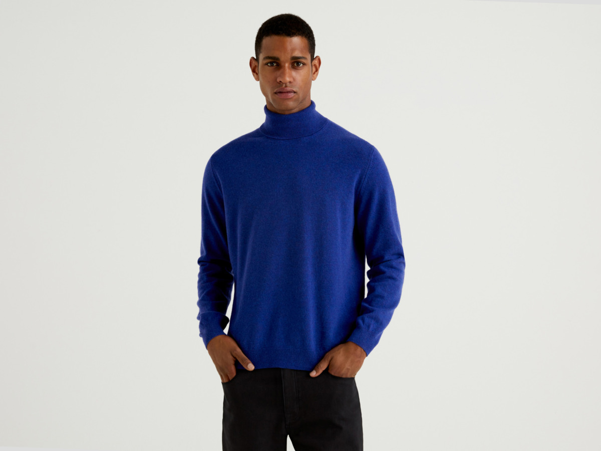 United Colors Of Blue Turtleneck Made Of Merino Blue Male Benetton Mens KNITWEAR GOOFASH