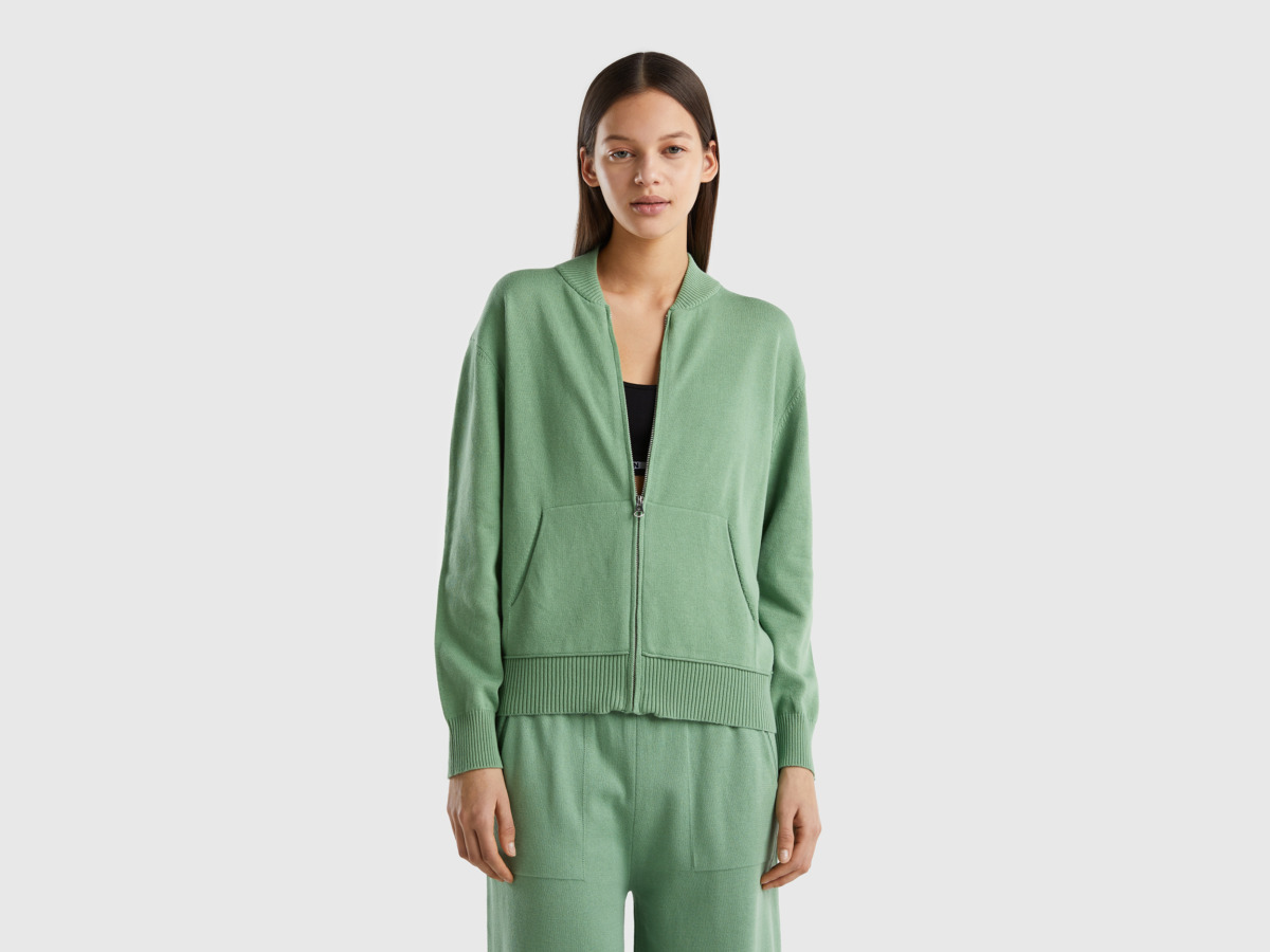 United Colors Of Boxy Fit Knitted Jacket With Zipper Green Female Benetton Womens JACKETS GOOFASH