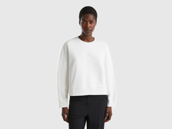 United Colors Of Boxy Fit Sweatshirt In Cream White Female Benetton Womens SWEATERS GOOFASH