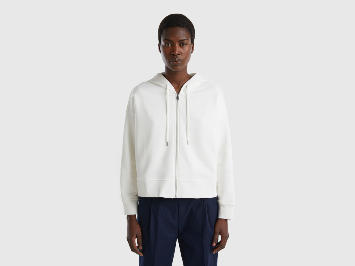 United Colors Of Boxy Fit Sweatshirt With Hood Cream White Female Benetton Womens SWEATERS GOOFASH