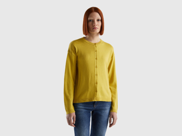 United Colors Of Cardigan With Circular Neckline And Buttons Mustard Yellow Female Benetton Womens KNITWEAR GOOFASH