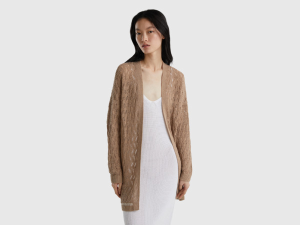 United Colors Of Cardigan With Hole Pattern And Tip Brown Female Benetton Womens KNITWEAR GOOFASH