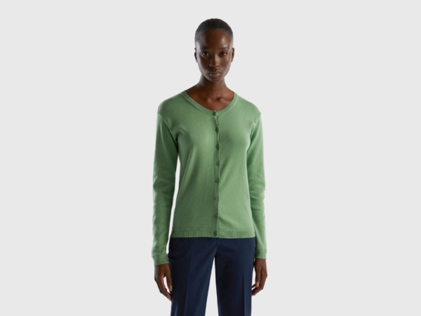 United Colors Of Cardigan With Round Excerpt Made Of Pure Green Female Benetton Womens KNITWEAR GOOFASH