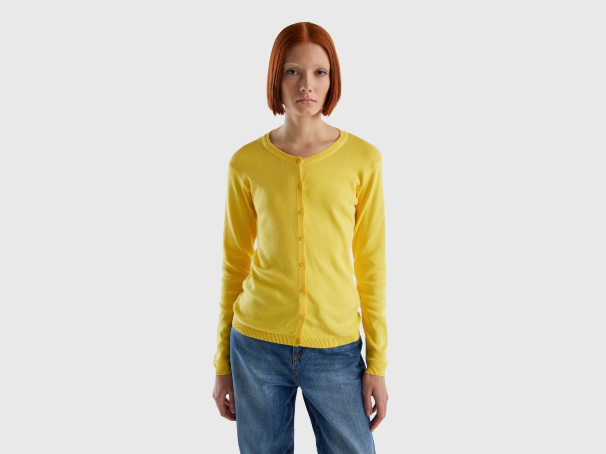 United Colors Of Cardigan With Round Excerpt Made Of Pure Yellow Female Benetton Womens KNITWEAR GOOFASH