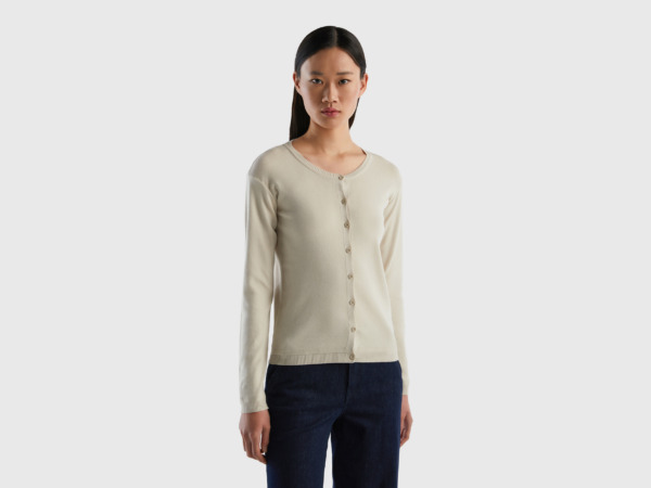 United Colors Of Cardigan With Round Neckline Made Of Pure Beige Female Benetton Womens KNITWEAR GOOFASH