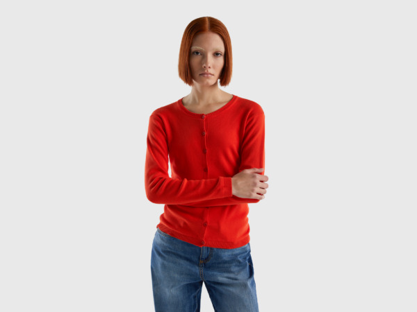 United Colors Of Cardigan With Round Neckline Made Of Pure Red Female Benetton Womens KNITWEAR GOOFASH