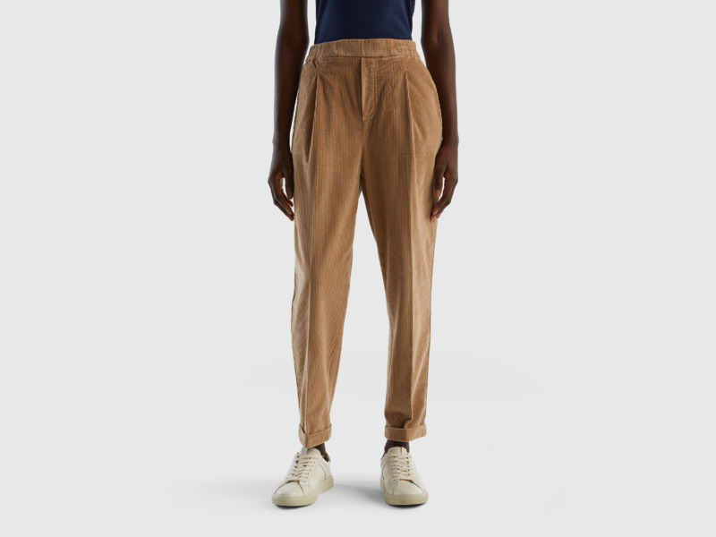 United Colors Of Chinos Made Of Velvet With An Elastic Waistband Camel Female Benetton Womens TROUSERS GOOFASH